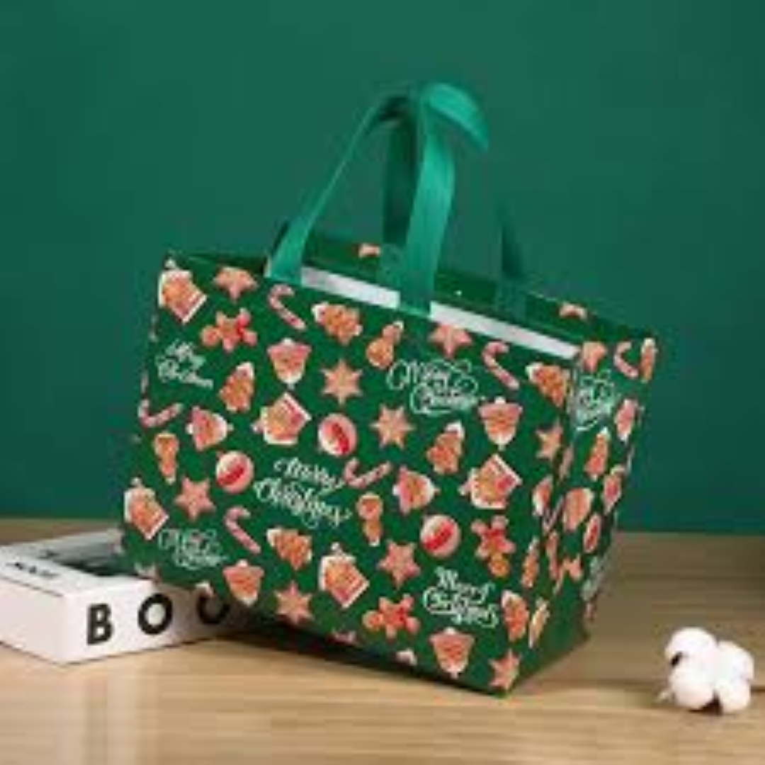 NON WOVEN GREEN FLORAL MERRY CHRISTMAS BAG